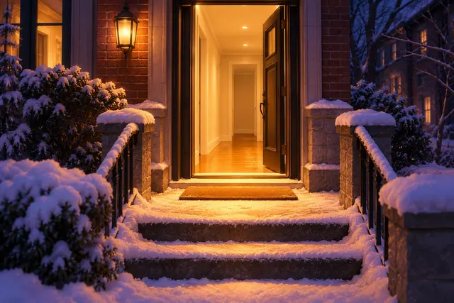 Illustration: an open front door at night, warm light from an empty hallway spilling onto snowy steps.