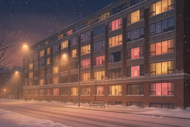 Illustration: a brick apartment building at night in falling snow, its windows lit in warm colours.