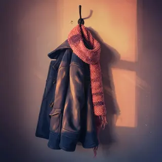 Illustration: a winter coat and scarf hanging on a wall hook.