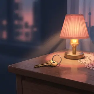Illustration: a door key on a ring beside a lamp on a nightstand.