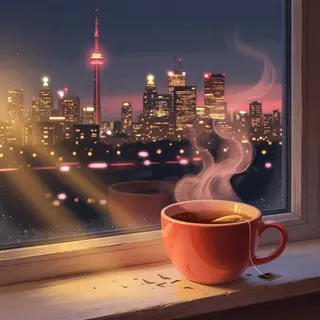 Illustration: a steaming mug of tea on a windowsill, the Toronto skyline blurred outside.